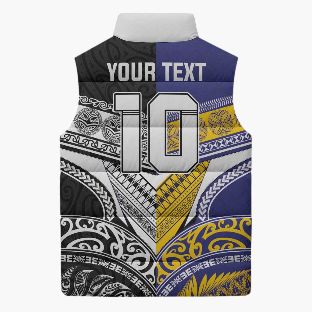 Custom Rugby Niue and Aotearoa Sleeveless Puffer Jacket Hiapo with Maori Moko Tribal Heritage Tattoos - Polynesian Pride