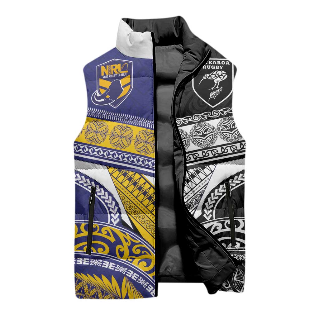Custom Rugby Niue and Aotearoa Sleeveless Puffer Jacket Hiapo with Maori Moko Tribal Heritage Tattoos - Polynesian Pride
