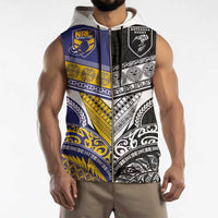 Custom Rugby Niue and Aotearoa Sleeveless Zip Hoodie Hiapo with Maori Moko Tribal Heritage Tattoos - Polynesian Pride