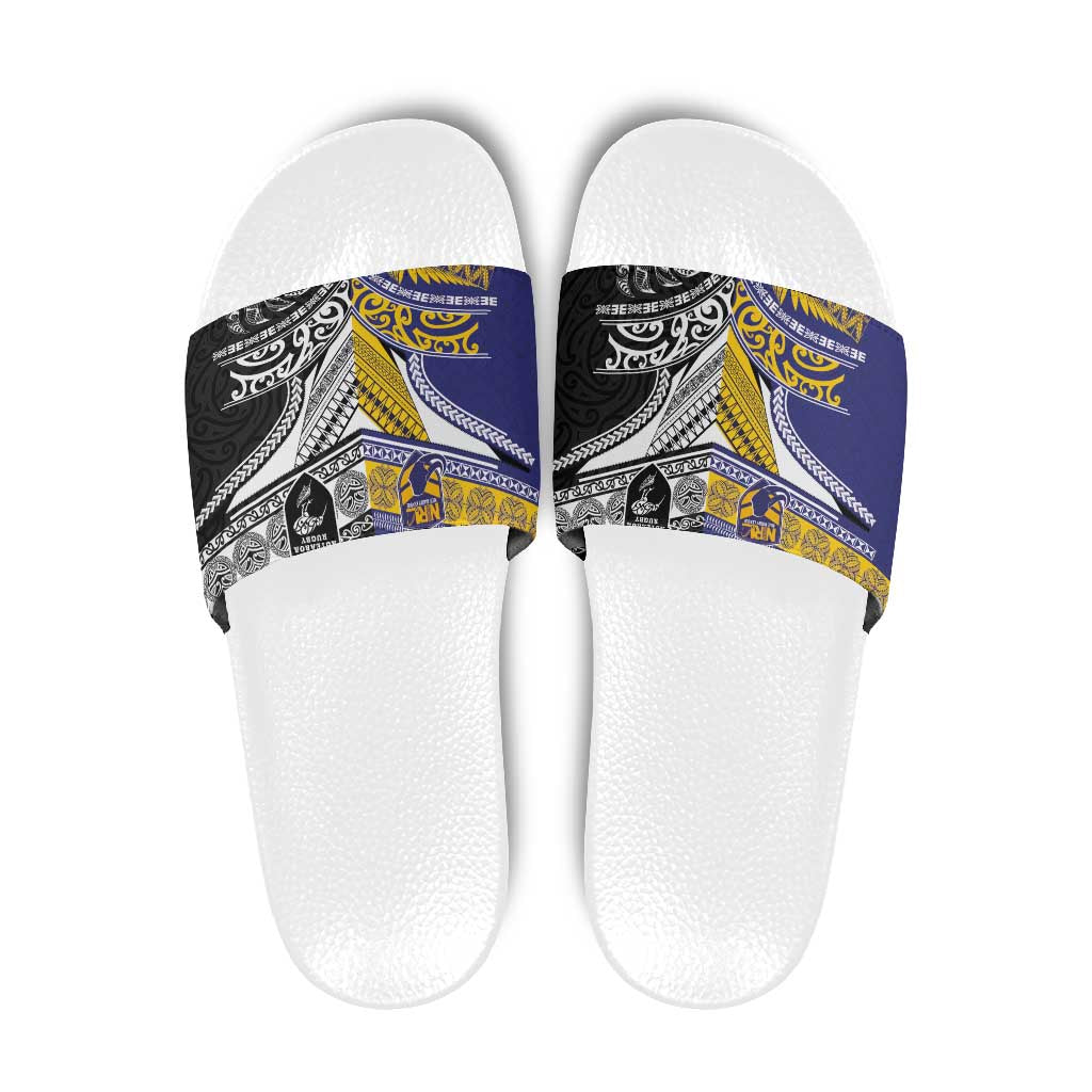 Rugby Niue and Aotearoa Slide Sandals Hiapo with Maori Moko Tribal Heritage Tattoos - Polynesian Pride