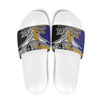 Rugby Niue and Aotearoa Slide Sandals Hiapo with Maori Moko Tribal Heritage Tattoos - Polynesian Pride