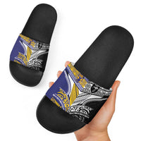Rugby Niue and Aotearoa Slide Sandals Hiapo with Maori Moko Tribal Heritage Tattoos - Polynesian Pride