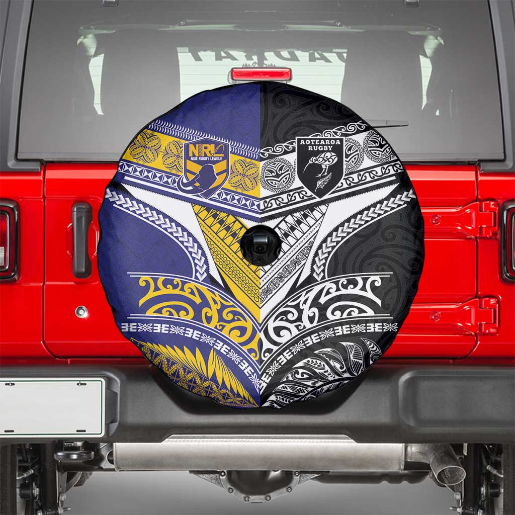Rugby Niue and Aotearoa Spare Tire Cover Hiapo with Maori Moko Tribal Heritage Tattoos - Polynesian Pride