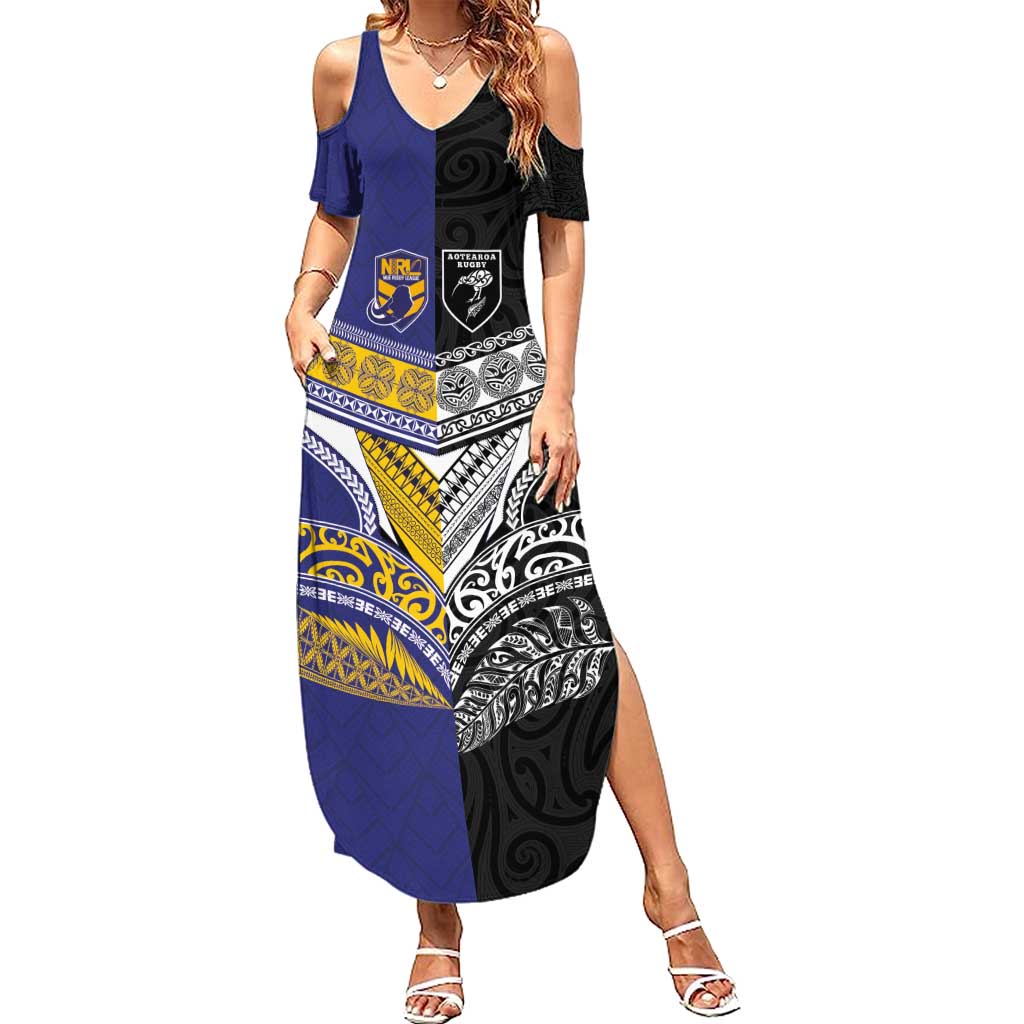 Custom Rugby Niue and Aotearoa Summer Maxi Dress Hiapo with Maori Moko Tribal Heritage Tattoos - Polynesian Pride