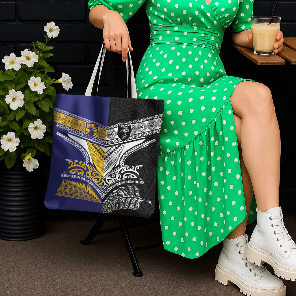 Rugby Niue and Aotearoa Tote Bag Hiapo with Maori Moko Tribal Heritage Tattoos - Polynesian Pride