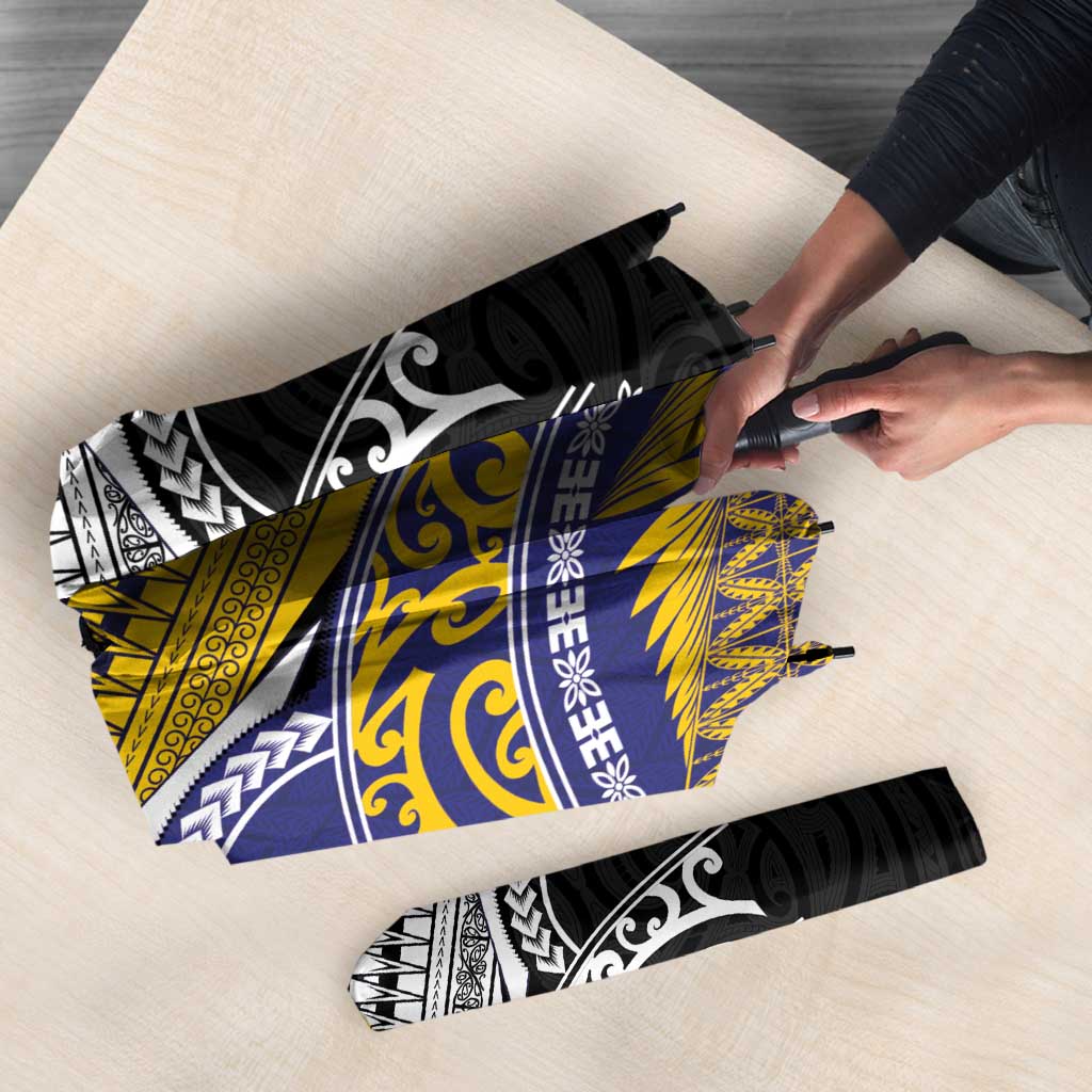Rugby Niue and Aotearoa Umbrella Hiapo with Maori Moko Tribal Heritage Tattoos - Polynesian Pride