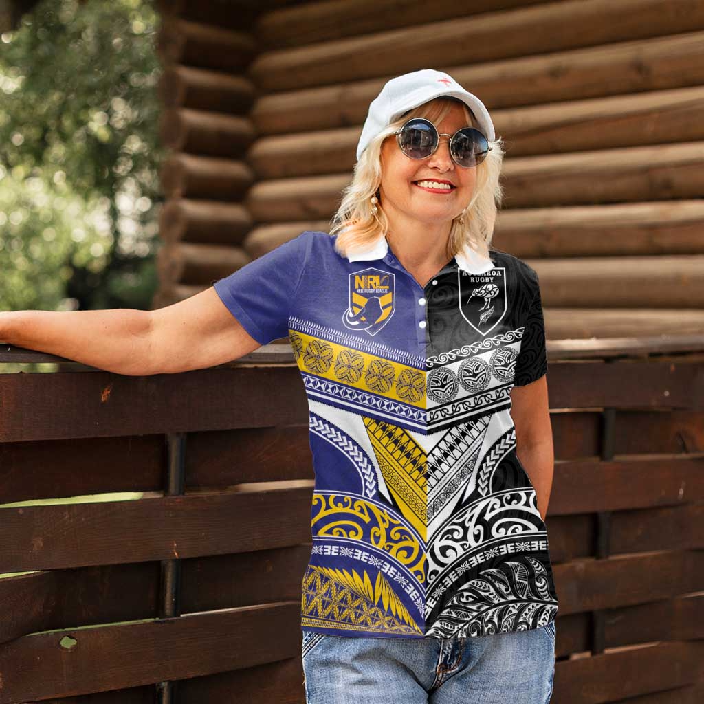 Custom Rugby Niue and Aotearoa Women Polo Shirt Hiapo with Maori Moko Tribal Heritage Tattoos - Polynesian Pride