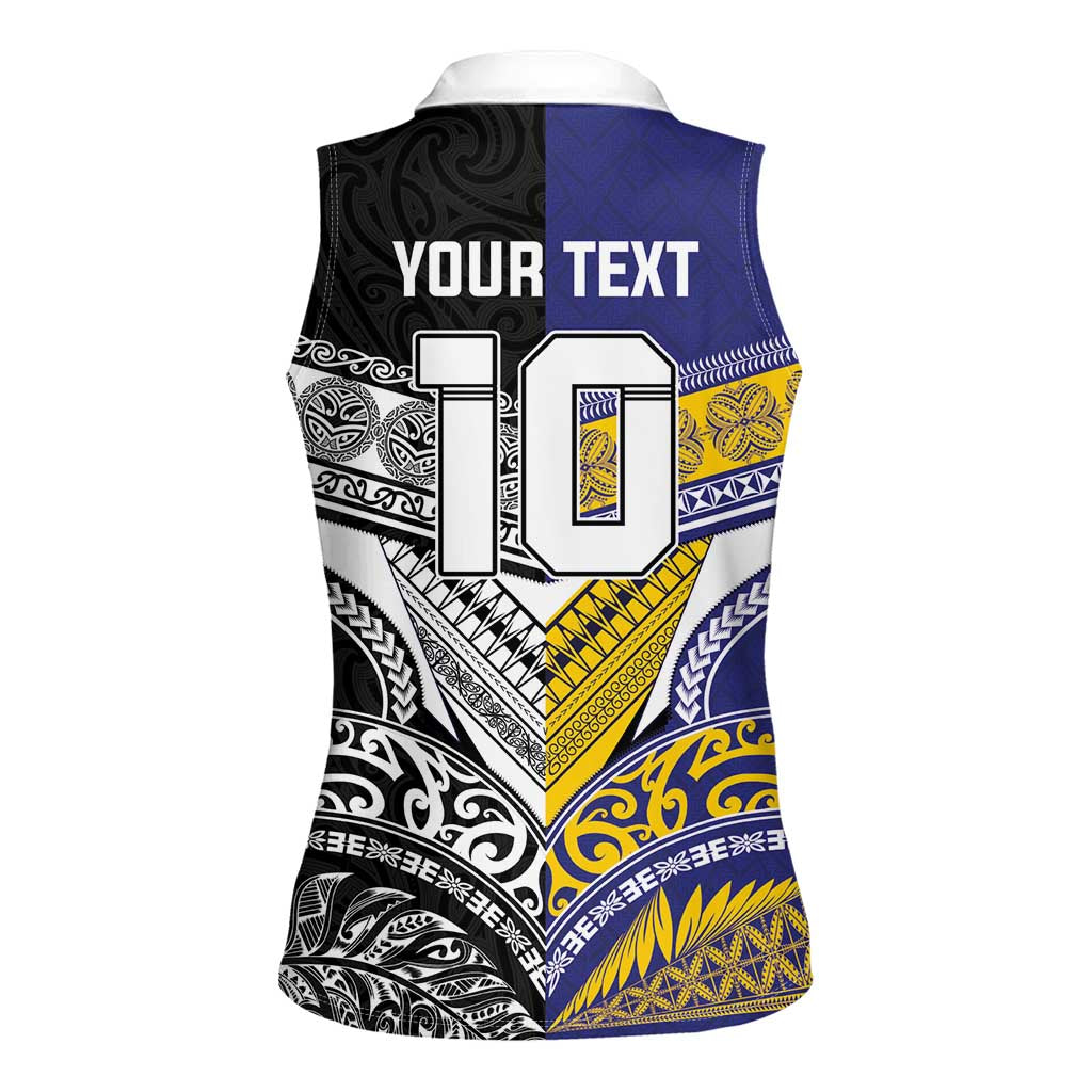 Custom Rugby Niue and Aotearoa Women Sleeveless Polo Shirt Hiapo with Maori Moko Tribal Heritage Tattoos - Polynesian Pride