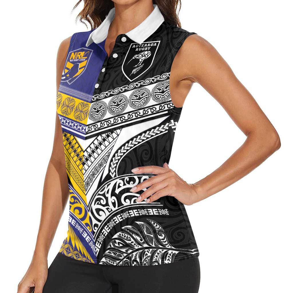 Custom Rugby Niue and Aotearoa Women Sleeveless Polo Shirt Hiapo with Maori Moko Tribal Heritage Tattoos - Polynesian Pride