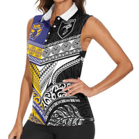 Custom Rugby Niue and Aotearoa Women Sleeveless Polo Shirt Hiapo with Maori Moko Tribal Heritage Tattoos - Polynesian Pride