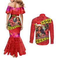 Hawaii Christmas Couples Matching Mermaid Dress and Long Sleeve Button Shirt Hula Girl Hibiscus With Hawaiian Style Tribal Fabric Patchwork LT03 - Polynesian Pride