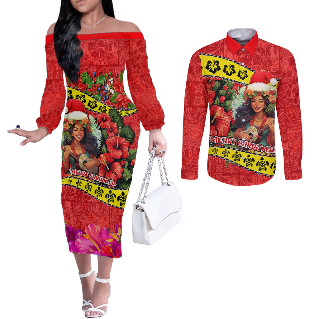 Hawaii Christmas Couples Matching Off The Shoulder Long Sleeve Dress and Long Sleeve Button Shirt Hula Girl Hibiscus With Hawaiian Style Tribal Fabric Patchwork LT03 Red - Polynesian Pride