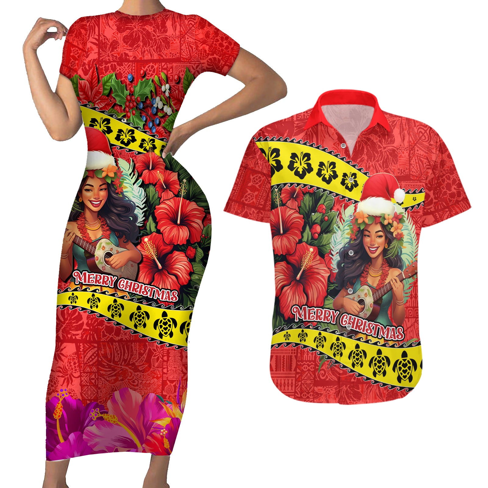 Hawaii Christmas Couples Matching Short Sleeve Bodycon Dress and Hawaiian Shirt Hula Girl Hibiscus With Hawaiian Style Tribal Fabric Patchwork LT03 Red - Polynesian Pride