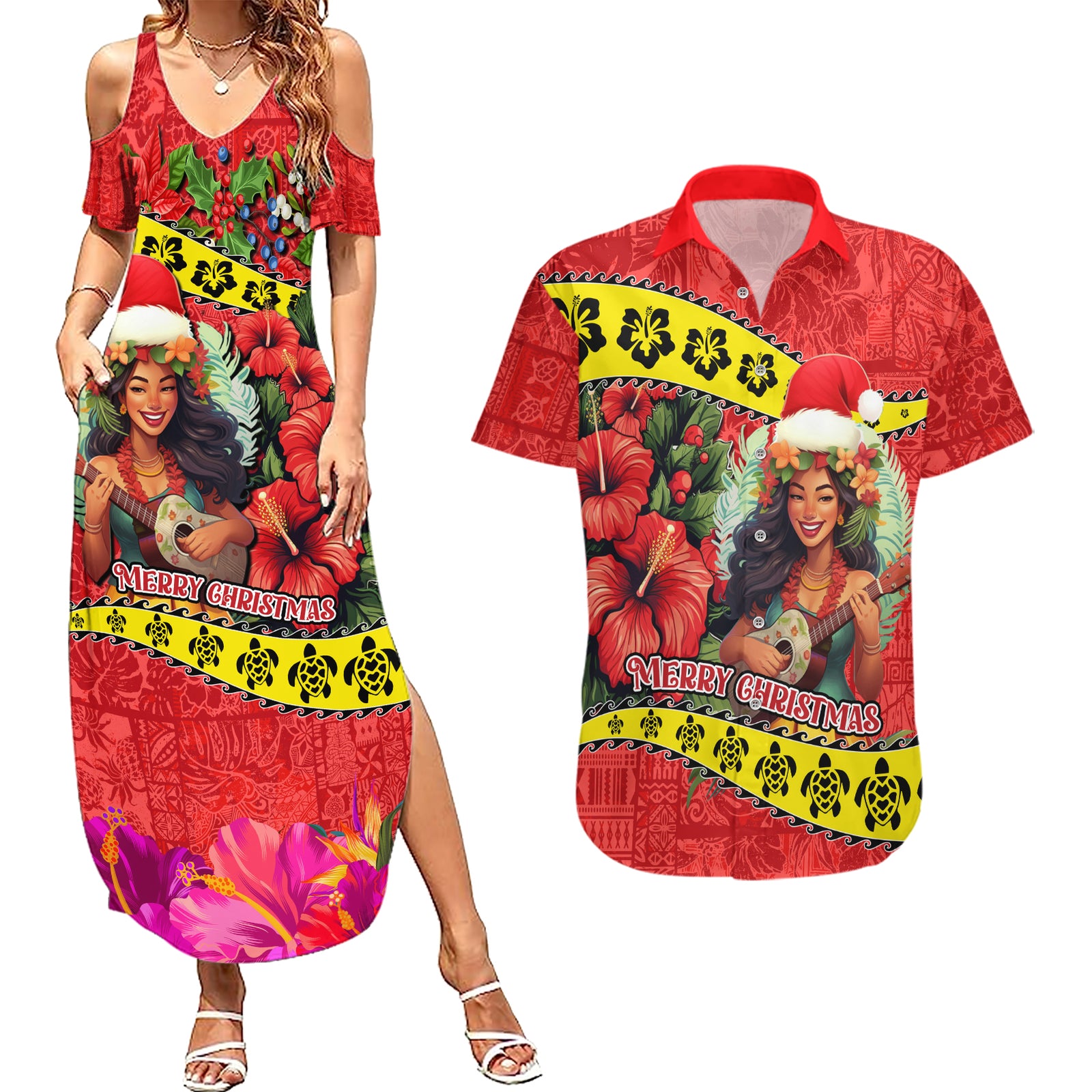 Hawaii Christmas Couples Matching Summer Maxi Dress and Hawaiian Shirt Hula Girl Hibiscus With Hawaiian Style Tribal Fabric Patchwork LT03 Red - Polynesian Pride