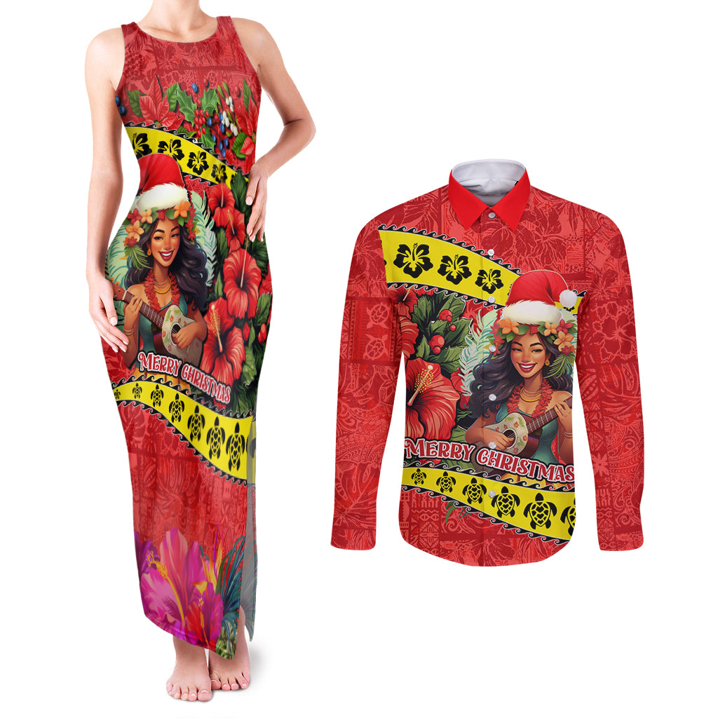 Hawaii Christmas Couples Matching Tank Maxi Dress and Long Sleeve Button Shirt Hula Girl Hibiscus With Hawaiian Style Tribal Fabric Patchwork LT03 Red - Polynesian Pride