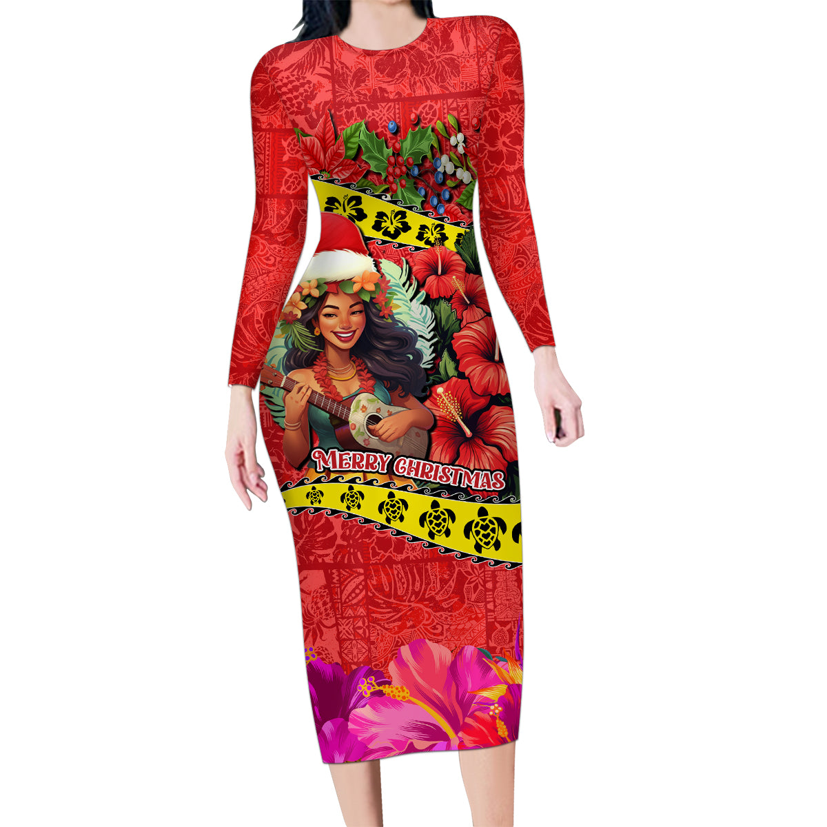 Hawaii Christmas Family Matching Long Sleeve Bodycon Dress and Hawaiian Shirt Hula Girl Hibiscus With Hawaiian Style Tribal Fabric Patchwork LT03 Mom's Dress Red - Polynesian Pride