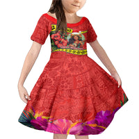 Hawaii Christmas Family Matching Mermaid Dress and Hawaiian Shirt Hula Girl Hibiscus With Hawaiian Style Tribal Fabric Patchwork LT03 Daughter's Dress Red - Polynesian Pride