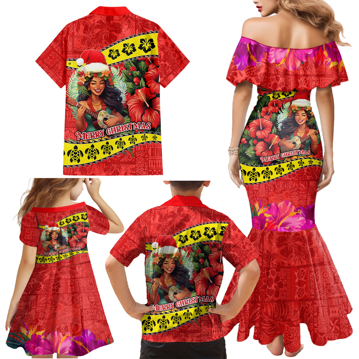 Hawaii Christmas Family Matching Mermaid Dress and Hawaiian Shirt Hula Girl Hibiscus With Hawaiian Style Tribal Fabric Patchwork LT03 - Polynesian Pride
