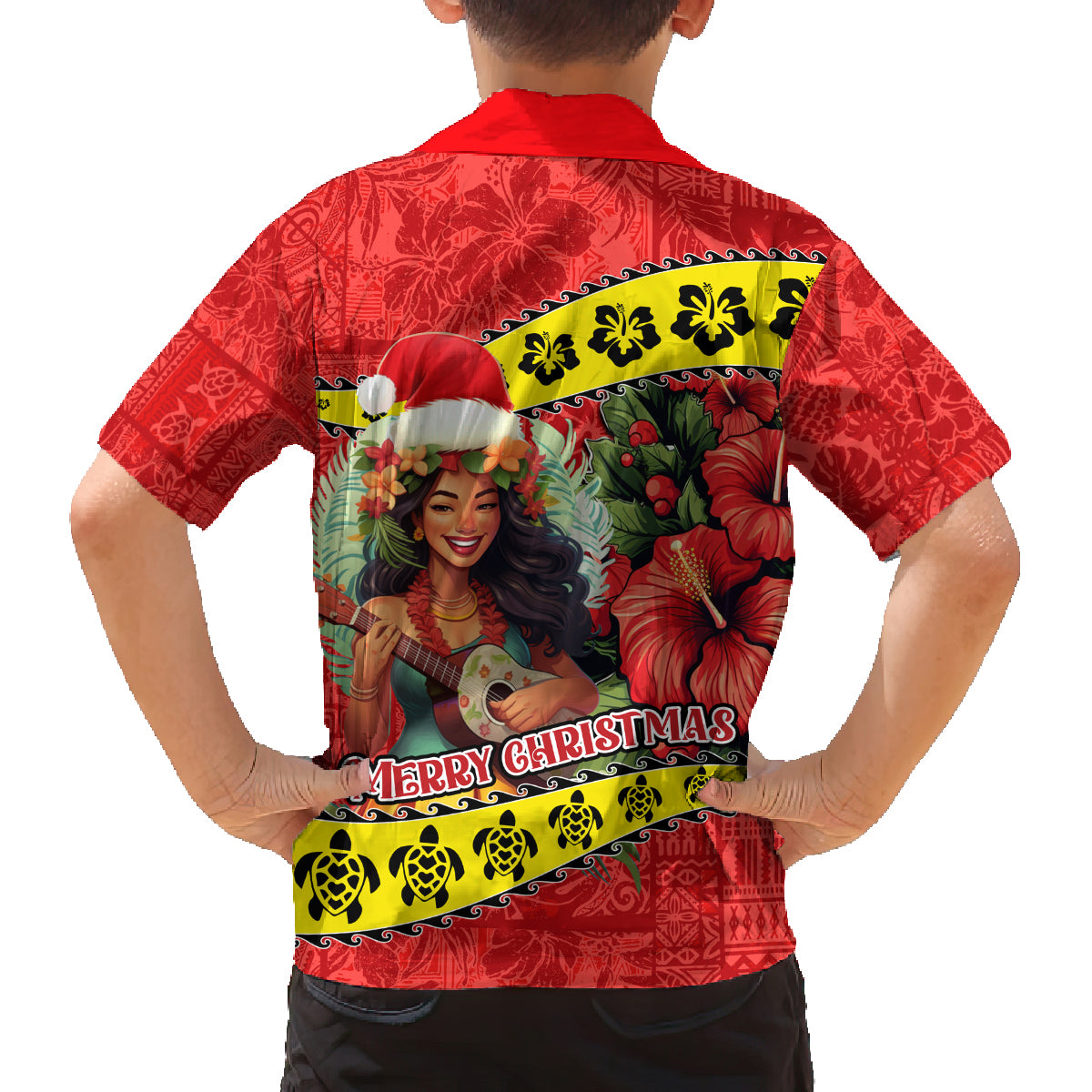 Hawaii Christmas Family Matching Off Shoulder Long Sleeve Dress and Hawaiian Shirt Hula Girl Hibiscus With Hawaiian Style Tribal Fabric Patchwork LT03 - Polynesian Pride