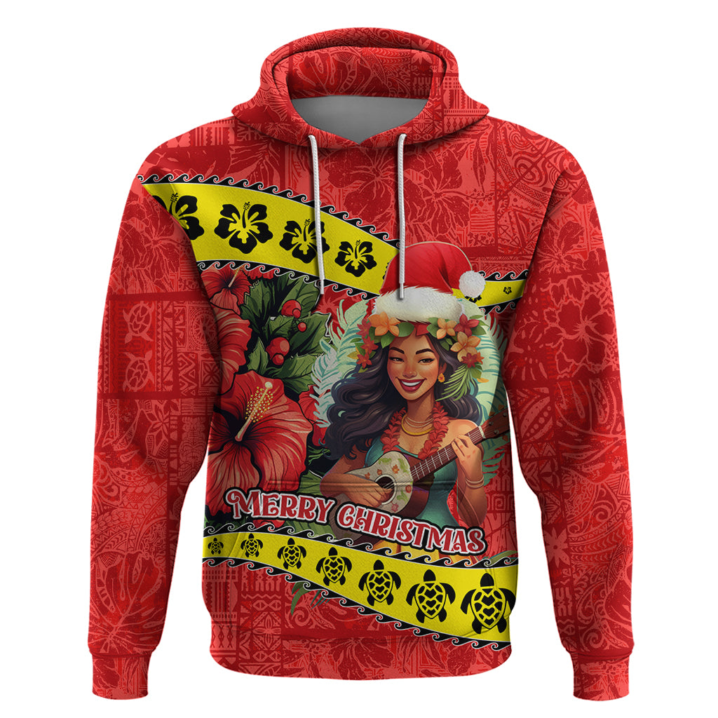 Hawaii Christmas Hoodie Hula Girl Hibiscus With Hawaiian Style Tribal Fabric Patchwork LT03 Pullover Hoodie Red - Polynesian Pride