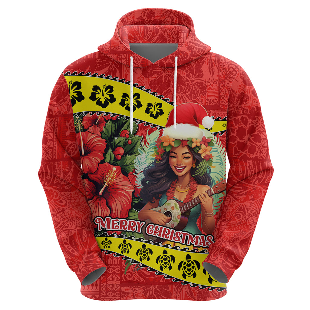 Hawaii Christmas Hoodie Hula Girl Hibiscus With Hawaiian Style Tribal Fabric Patchwork LT03 - Polynesian Pride