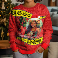 Hawaii Christmas Kid Ugly Christmas Sweater Hula Girl Hibiscus With Hawaiian Style Tribal Fabric Patchwork LT03 - Polynesian Pride
