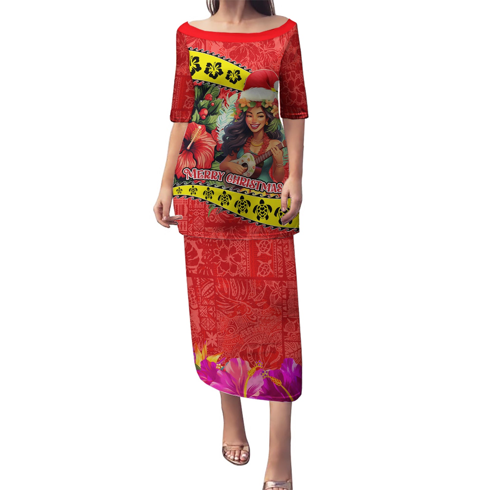 Hawaii Christmas Puletasi Hula Girl Hibiscus With Hawaiian Style Tribal Fabric Patchwork LT03 Long Dress Red - Polynesian Pride