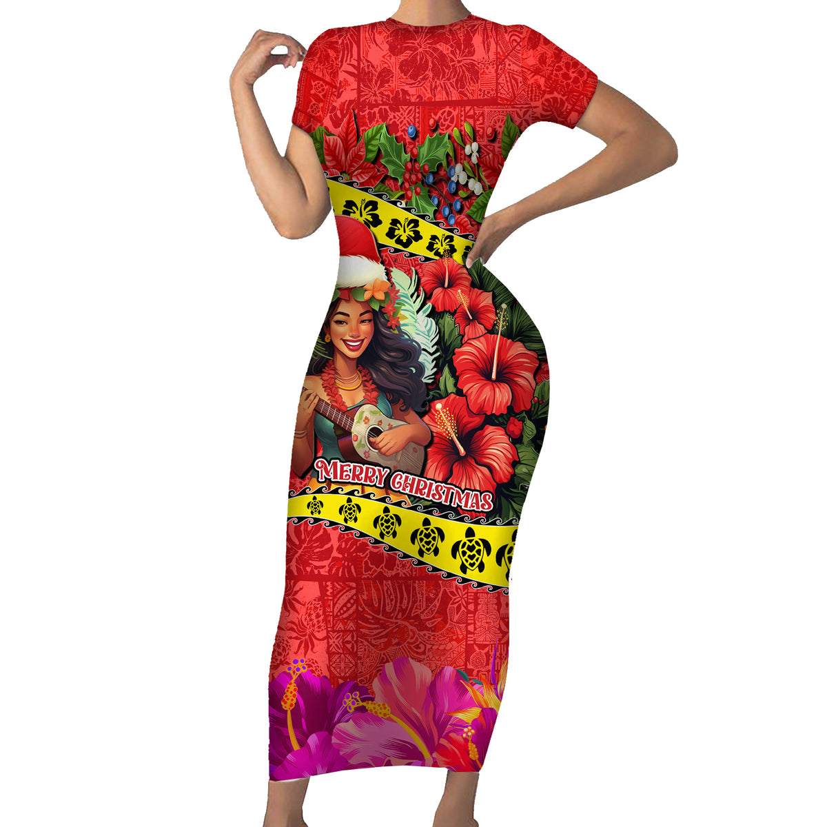 Hawaii Christmas Short Sleeve Bodycon Dress Hula Girl Hibiscus With Hawaiian Style Tribal Fabric Patchwork LT03 Long Dress Red - Polynesian Pride