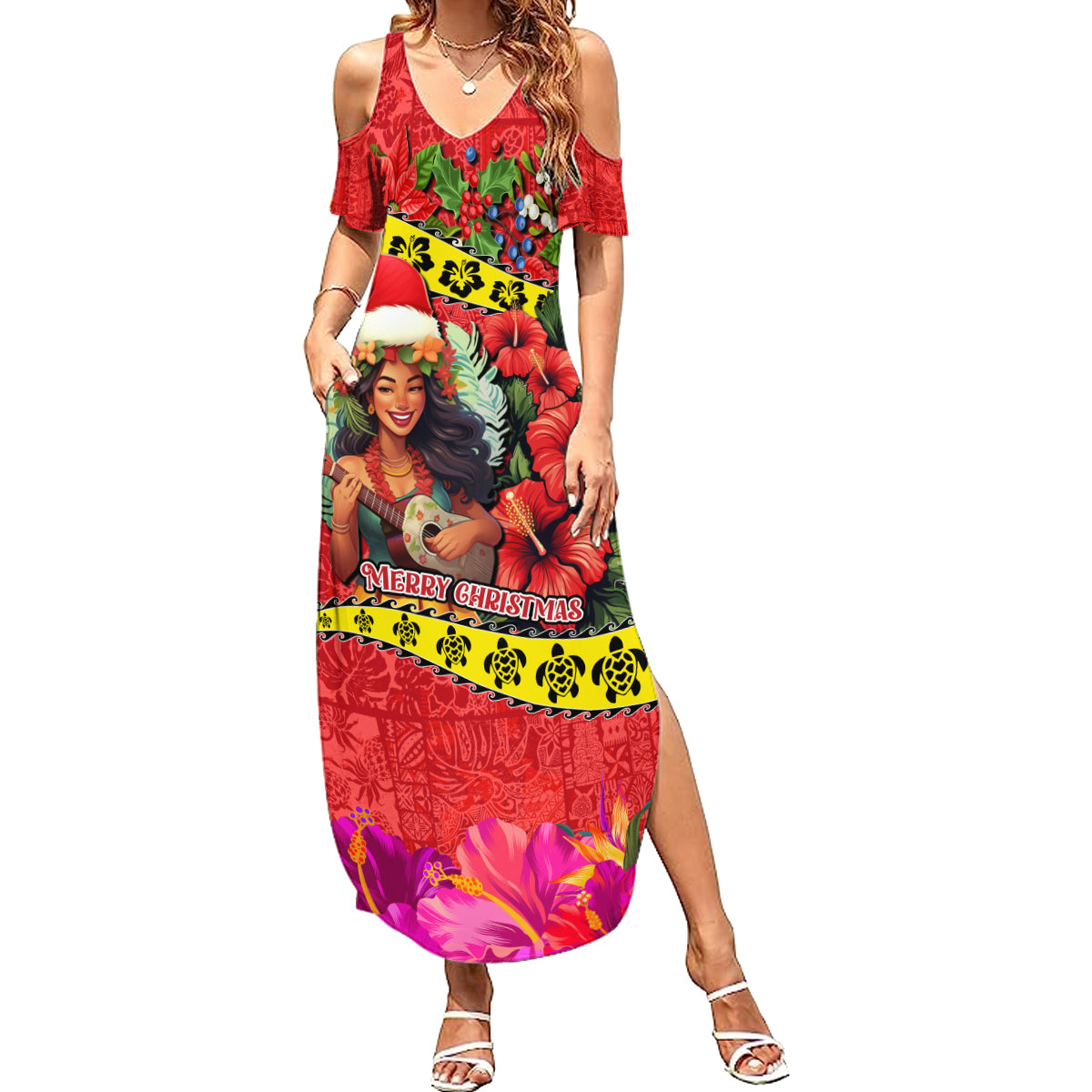 Hawaii Christmas Summer Maxi Dress Hula Girl Hibiscus With Hawaiian Style Tribal Fabric Patchwork LT03 Women Red - Polynesian Pride