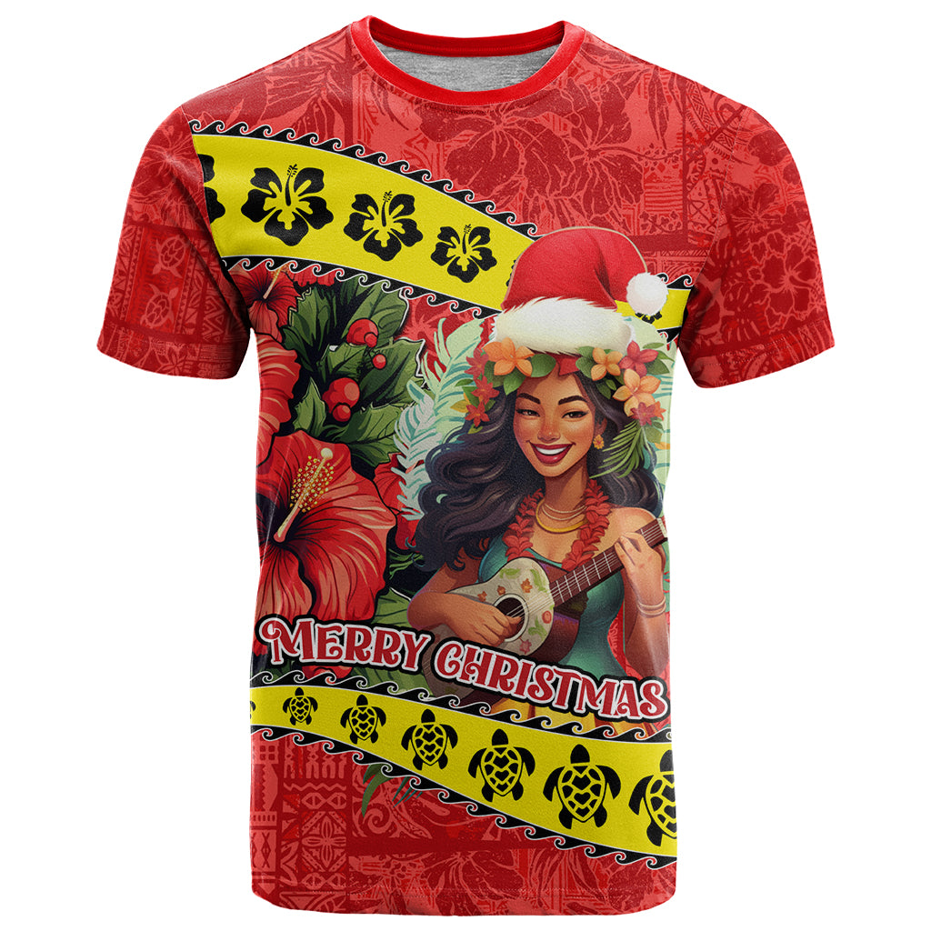 Hawaii Christmas T Shirt Hula Girl Hibiscus With Hawaiian Style Tribal Fabric Patchwork LT03 Red - Polynesian Pride