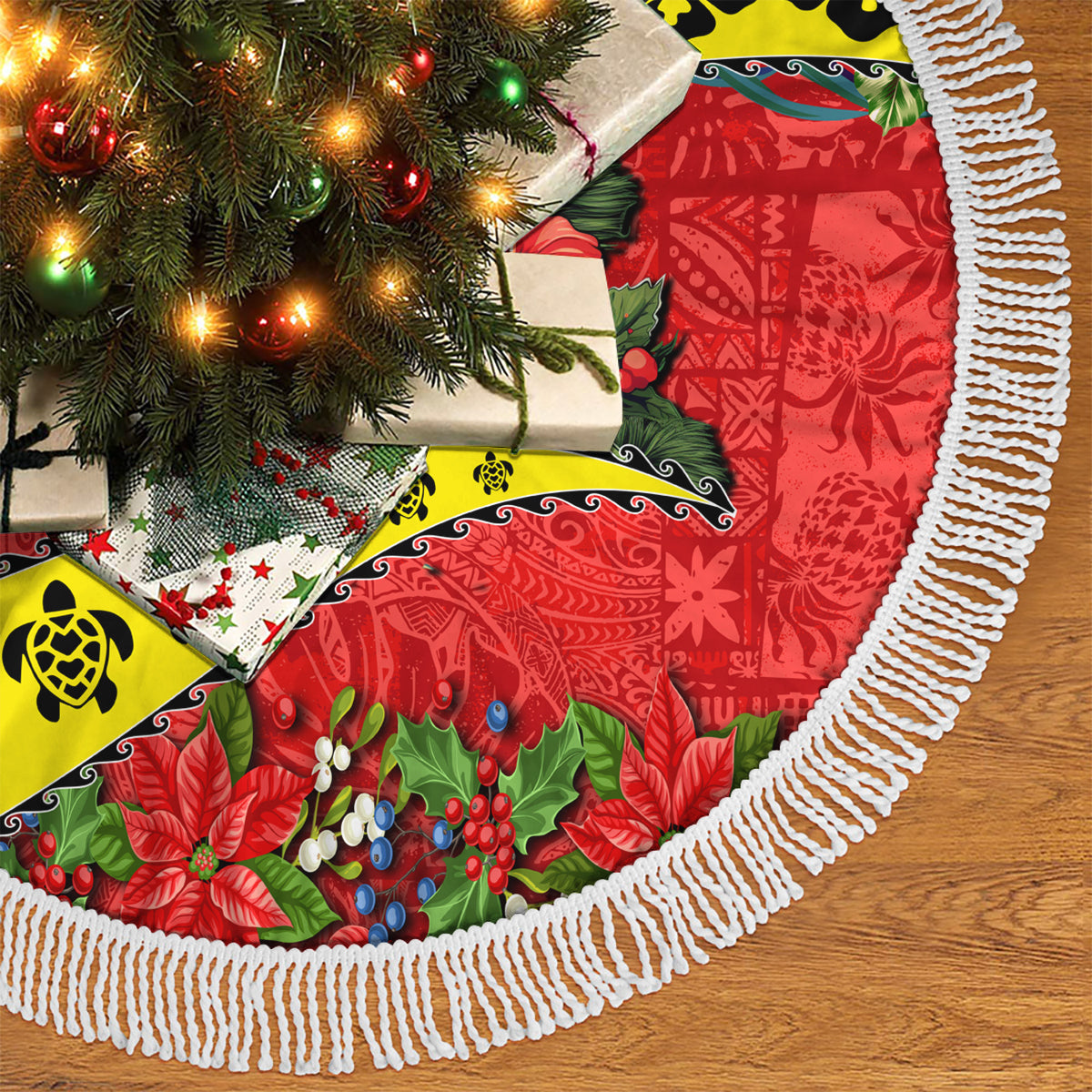 Hawaii Christmas Tree Skirt Hula Girl Hibiscus With Hawaiian Style Tribal Fabric Patchwork LT03 - Polynesian Pride