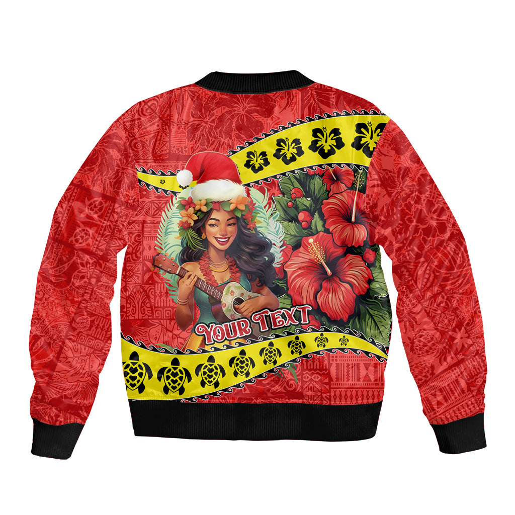 Personalised Hawaii Christmas Bomber Jacket Hula Girl Hibiscus With Hawaiian Style Tribal Fabric Patchwork LT03 - Polynesian Pride