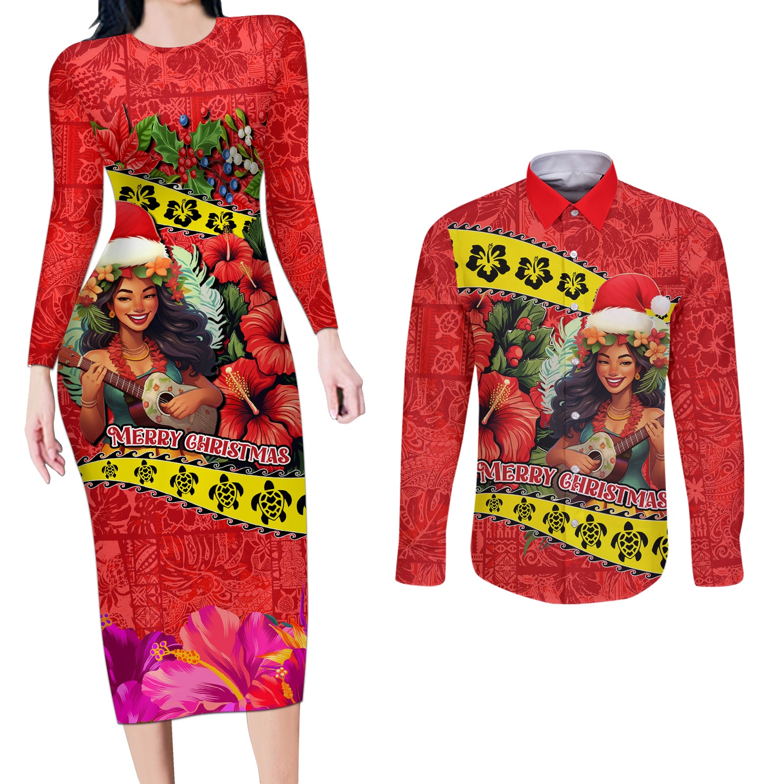 Personalised Hawaii Christmas Couples Matching Long Sleeve Bodycon Dress and Long Sleeve Button Shirt Hula Girl Hibiscus With Hawaiian Style Tribal Fabric Patchwork LT03 Red - Polynesian Pride