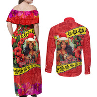 Personalised Hawaii Christmas Couples Matching Off Shoulder Maxi Dress and Long Sleeve Button Shirt Hula Girl Hibiscus With Hawaiian Style Tribal Fabric Patchwork LT03 - Polynesian Pride