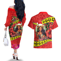 Personalised Hawaii Christmas Couples Matching Off The Shoulder Long Sleeve Dress and Hawaiian Shirt Hula Girl Hibiscus With Hawaiian Style Tribal Fabric Patchwork LT03 - Polynesian Pride