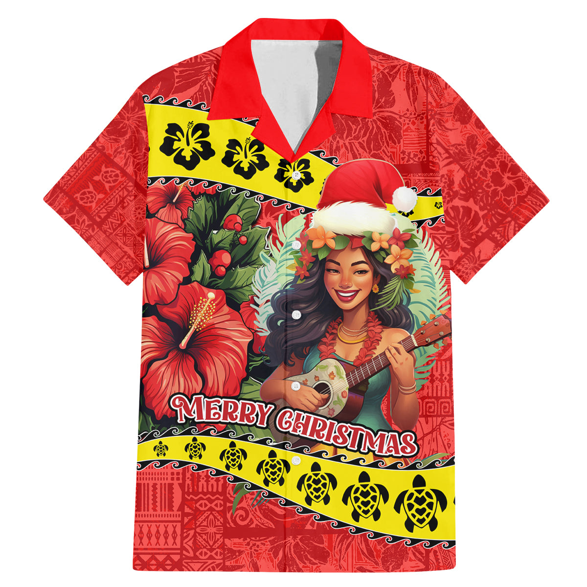 Personalised Hawaii Christmas Family Matching Mermaid Dress and Hawaiian Shirt Hula Girl Hibiscus With Hawaiian Style Tribal Fabric Patchwork LT03 Dad's Shirt - Short Sleeve Red - Polynesian Pride