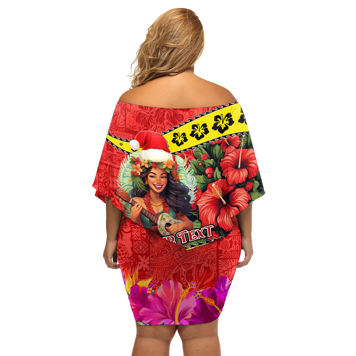 Personalised Hawaii Christmas Family Matching Off Shoulder Short Dress and Hawaiian Shirt Hula Girl Hibiscus With Hawaiian Style Tribal Fabric Patchwork LT03 - Polynesian Pride