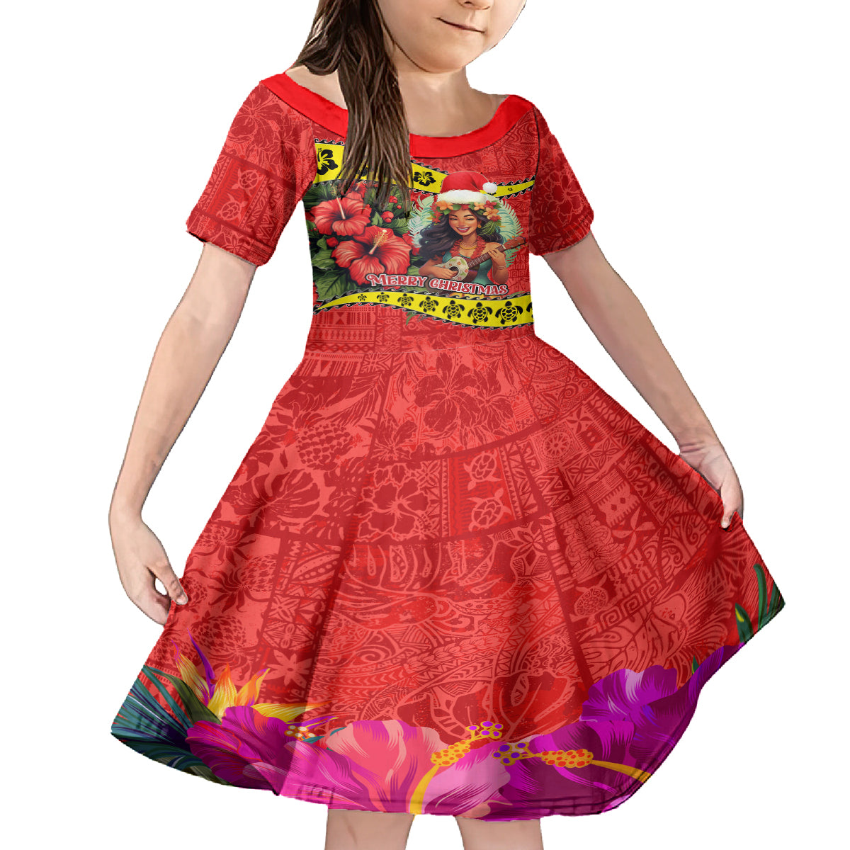 Personalised Hawaii Christmas Family Matching Puletasi Dress and Hawaiian Shirt Hula Girl Hibiscus With Hawaiian Style Tribal Fabric Patchwork LT03 Daughter's Dress Red - Polynesian Pride
