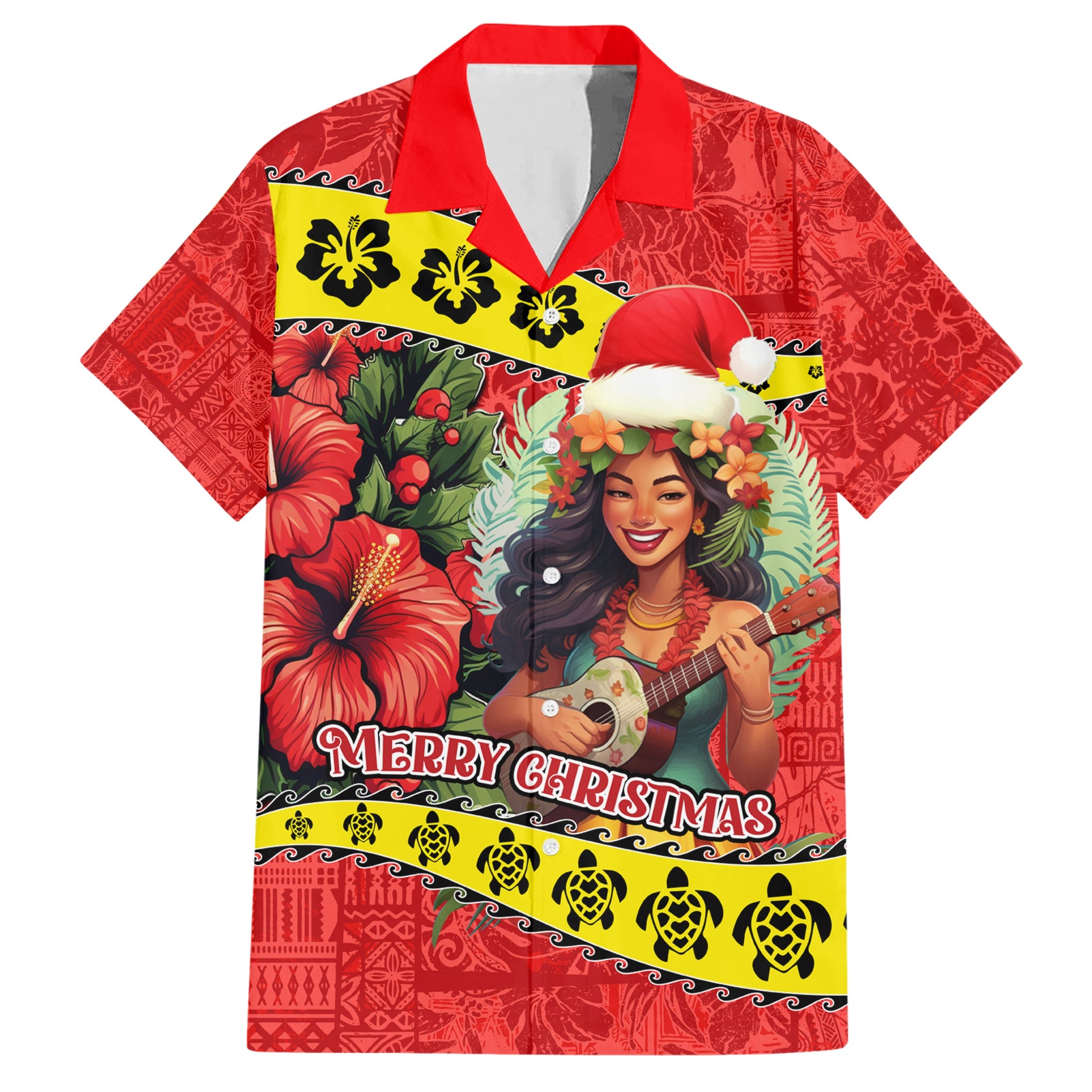 Personalised Hawaii Christmas Hawaiian Shirt Hula Girl Hibiscus With Hawaiian Style Tribal Fabric Patchwork LT03 Red - Polynesian Pride