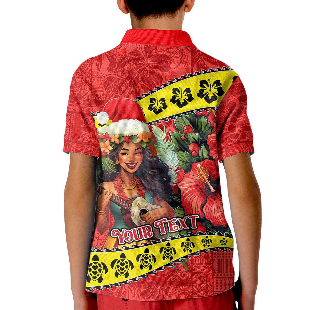 Personalised Hawaii Christmas Kid Polo Shirt Hula Girl Hibiscus With Hawaiian Style Tribal Fabric Patchwork LT03 - Polynesian Pride