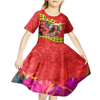 Personalised Hawaii Christmas Kid Short Sleeve Dress Hula Girl Hibiscus With Hawaiian Style Tribal Fabric Patchwork LT03 - Polynesian Pride