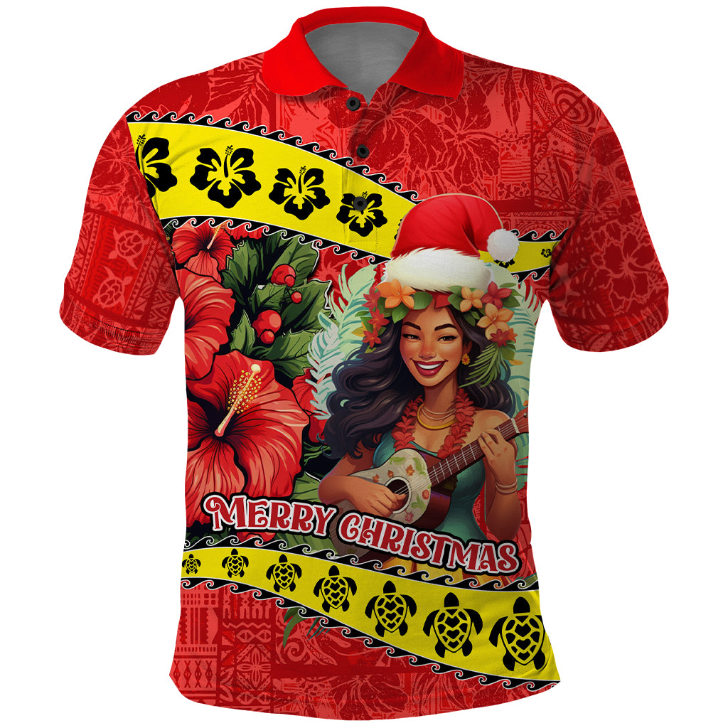 Personalised Hawaii Christmas Polo Shirt Hula Girl Hibiscus With Hawaiian Style Tribal Fabric Patchwork LT03 Red - Polynesian Pride