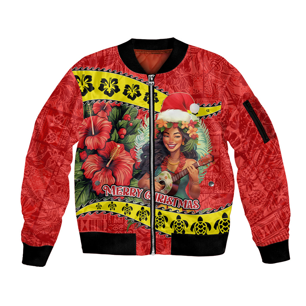 Personalised Hawaii Christmas Sleeve Zip Bomber Jacket Hula Girl Hibiscus With Hawaiian Style Tribal Fabric Patchwork LT03 Unisex Red - Polynesian Pride
