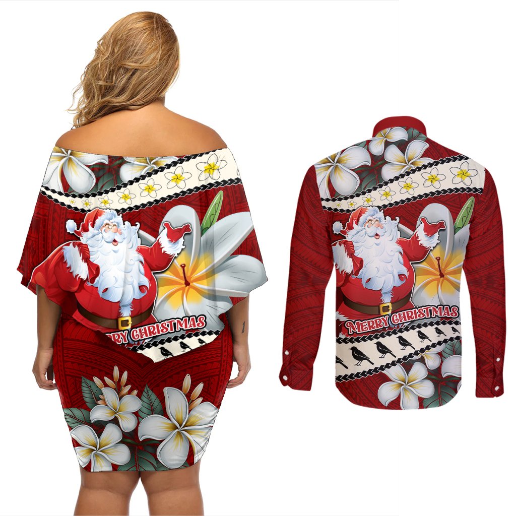 Tahiti Christmas Couples Matching Off Shoulder Short Dress and Long Sleeve Button Shirt Tiare Flowers and Pomarea Nigra with Polynesian Pattern LT03 - Polynesian Pride