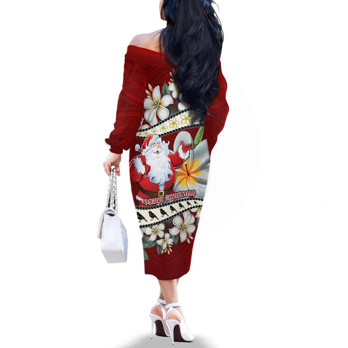 Tahiti Christmas Family Matching Off Shoulder Long Sleeve Dress and Hawaiian Shirt Tiare Flowers and Pomarea Nigra with Polynesian Pattern LT03 - Polynesian Pride