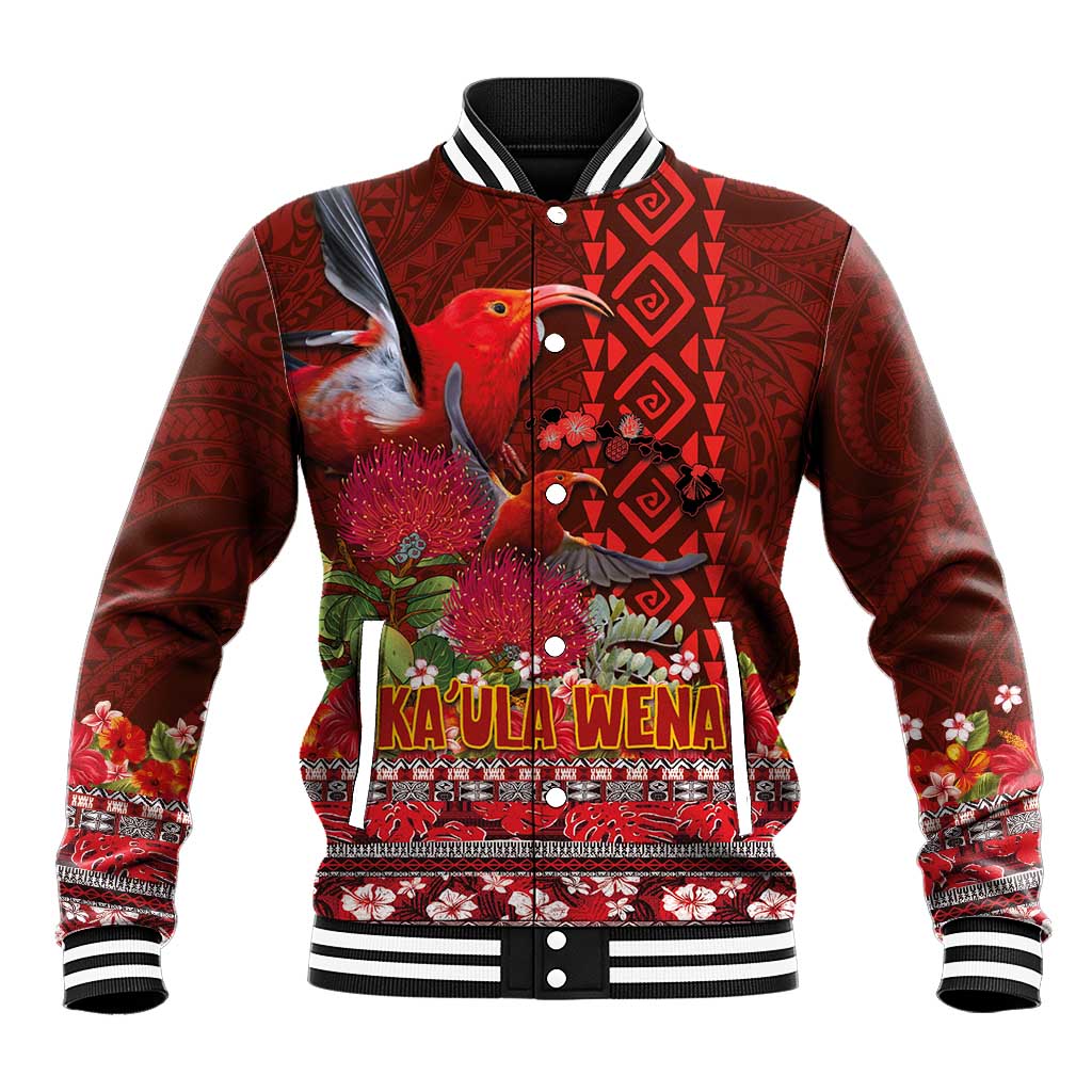 Hawaii KaʻUla Wena ʻIʻiwi Baseball Jacket With Tropical Plants and 'Ohi'a lehua Kakau Art Tattoo