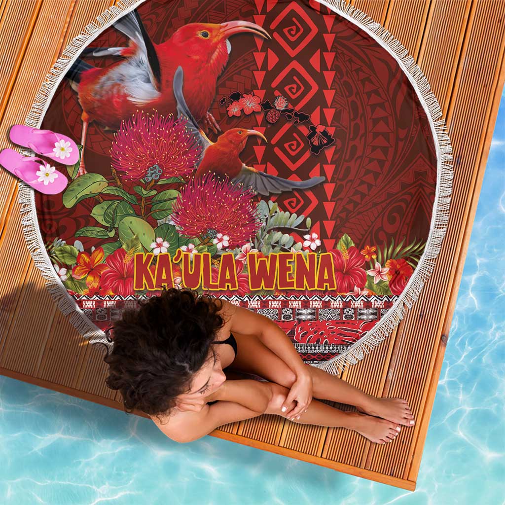 Hawaii KaʻUla Wena ʻIʻiwi Beach Blanket With Tropical Plants and 'Ohi'a lehua Kakau Art Tattoo