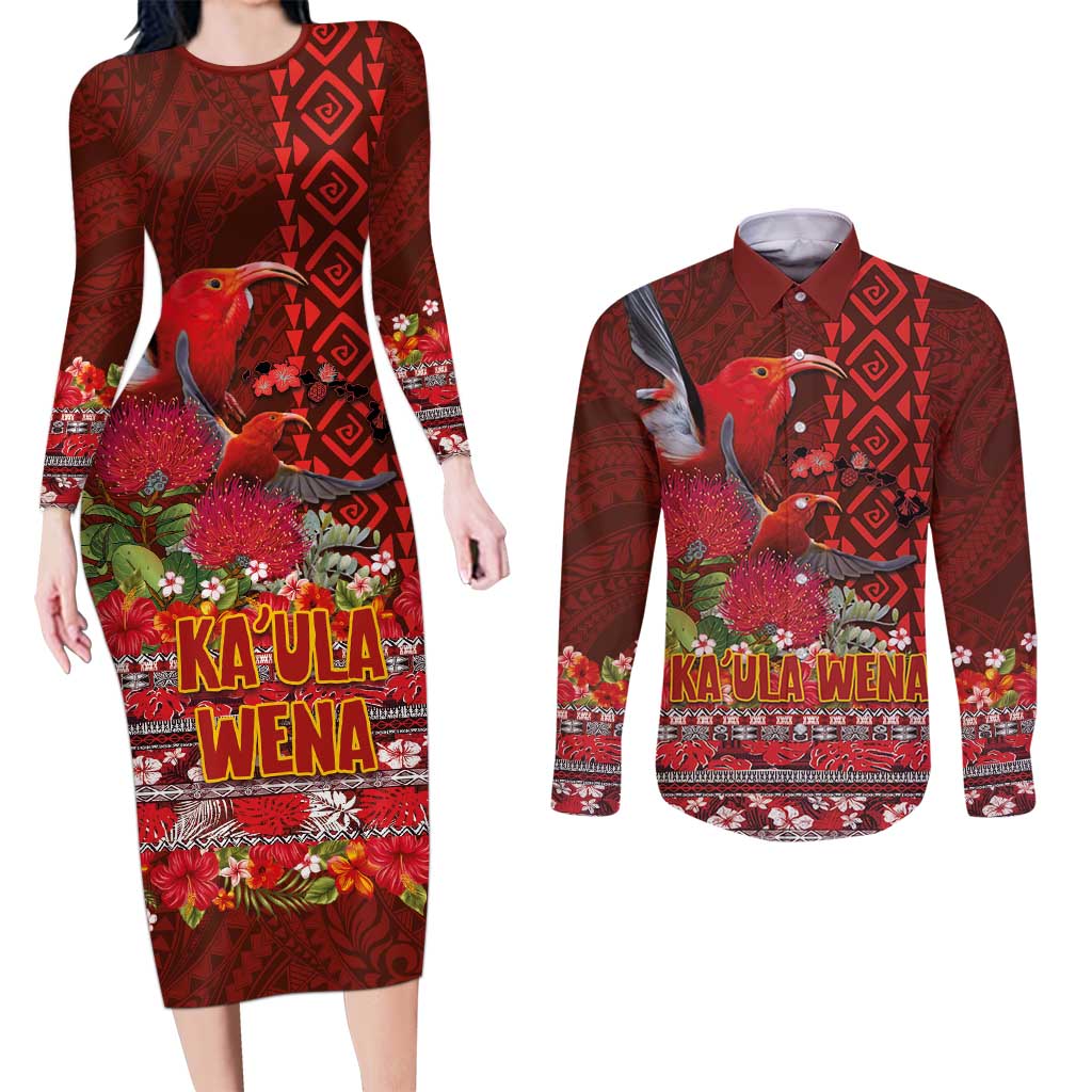 Hawaii KaʻUla Wena ʻIʻiwi Couples Matching Long Sleeve Bodycon Dress and Long Sleeve Button Shirt With Tropical Plants and 'Ohi'a lehua Kakau Art Tattoo