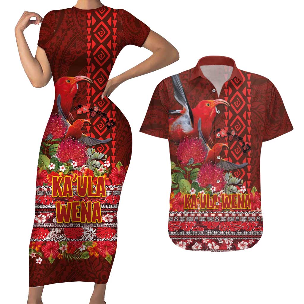 Hawaii KaʻUla Wena ʻIʻiwi Couples Matching Short Sleeve Bodycon Dress and Hawaiian Shirt With Tropical Plants and 'Ohi'a lehua Kakau Art Tattoo