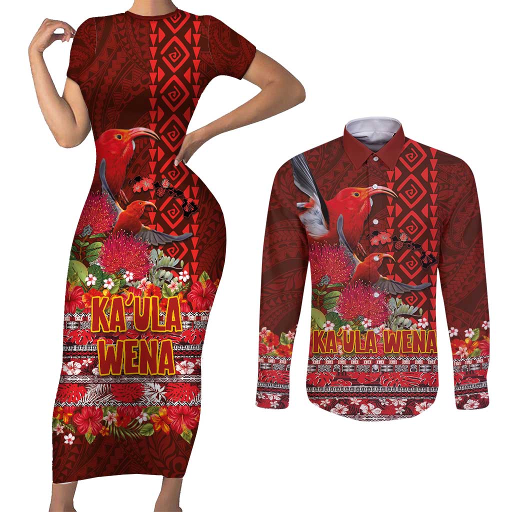 Hawaii KaʻUla Wena ʻIʻiwi Couples Matching Short Sleeve Bodycon Dress and Long Sleeve Button Shirt With Tropical Plants and 'Ohi'a lehua Kakau Art Tattoo